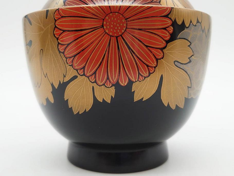 輪島塗　蒔絵　吸物椀　金彩の艶やかなデザインが見事なお椀5客セット(菊、牡丹、花、木製、漆器、漆芸、金彩、和食器、蓋付き)(R-079643)