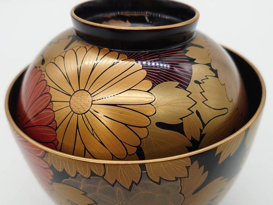 輪島塗　蒔絵　吸物椀　金彩の艶やかなデザインが見事なお椀5客セット(菊、牡丹、花、木製、漆器、漆芸、金彩、和食器、蓋付き)(R-079643)