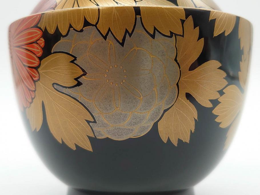 輪島塗　蒔絵　吸物椀　金彩の艶やかなデザインが見事なお椀5客セット(菊、牡丹、花、木製、漆器、漆芸、金彩、和食器、蓋付き)(R-079643)