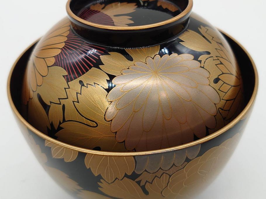 輪島塗　蒔絵　吸物椀　金彩の艶やかなデザインが見事なお椀5客セット(菊、牡丹、花、木製、漆器、漆芸、金彩、和食器、蓋付き)(R-079643)