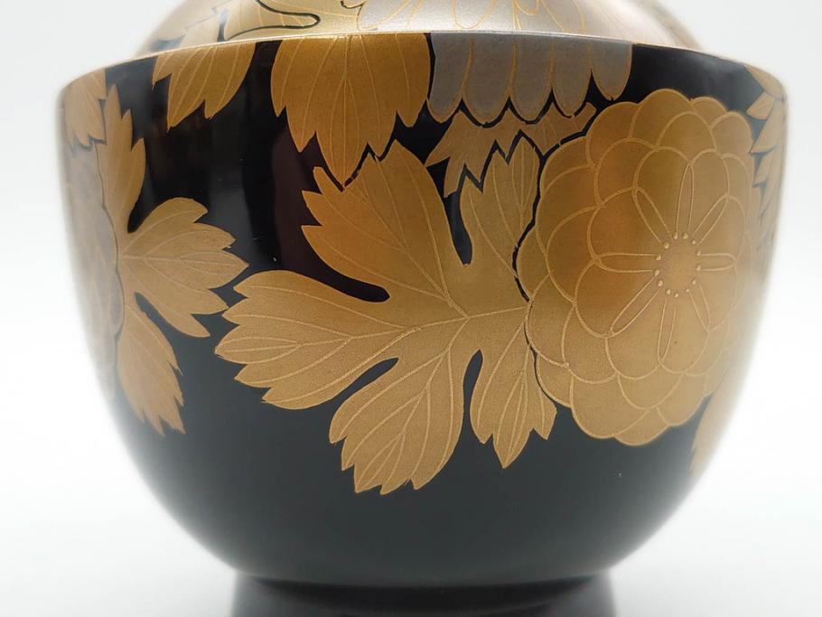 輪島塗　蒔絵　吸物椀　金彩の艶やかなデザインが見事なお椀5客セット(菊、牡丹、花、木製、漆器、漆芸、金彩、和食器、蓋付き)(R-079643)