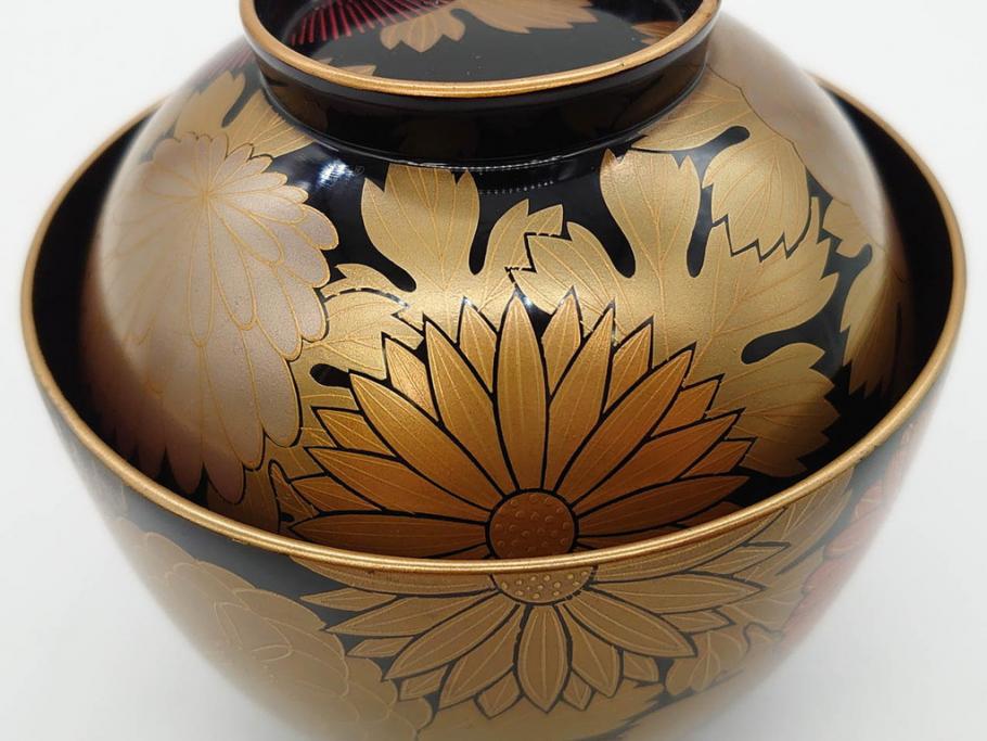 輪島塗　蒔絵　吸物椀　金彩の艶やかなデザインが見事なお椀5客セット(菊、牡丹、花、木製、漆器、漆芸、金彩、和食器、蓋付き)(R-079643)