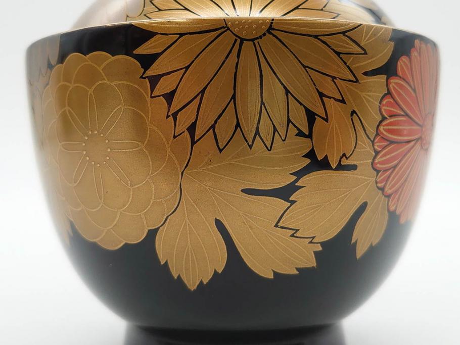 輪島塗　蒔絵　吸物椀　金彩の艶やかなデザインが見事なお椀5客セット(菊、牡丹、花、木製、漆器、漆芸、金彩、和食器、蓋付き)(R-079643)