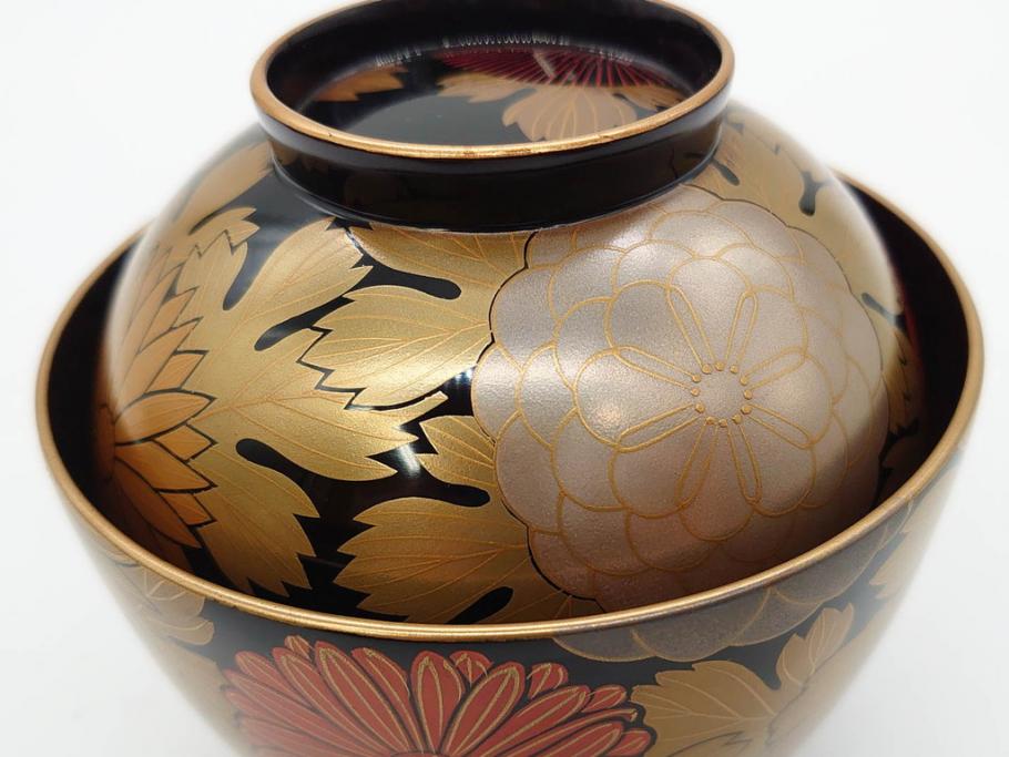輪島塗　蒔絵　吸物椀　金彩の艶やかなデザインが見事なお椀5客セット(菊、牡丹、花、木製、漆器、漆芸、金彩、和食器、蓋付き)(R-079643)