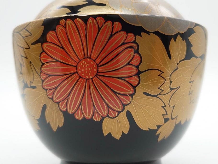 輪島塗　蒔絵　吸物椀　金彩の艶やかなデザインが見事なお椀5客セット(菊、牡丹、花、木製、漆器、漆芸、金彩、和食器、蓋付き)(R-079643)