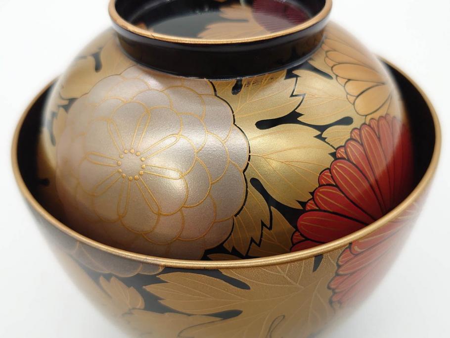 輪島塗　蒔絵　吸物椀　金彩の艶やかなデザインが見事なお椀5客セット(菊、牡丹、花、木製、漆器、漆芸、金彩、和食器、蓋付き)(R-079643)