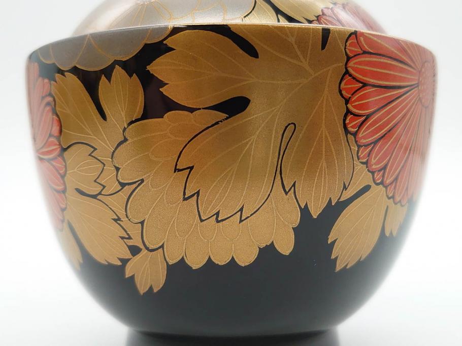 輪島塗　蒔絵　吸物椀　金彩の艶やかなデザインが見事なお椀5客セット(菊、牡丹、花、木製、漆器、漆芸、金彩、和食器、蓋付き)(R-079643)