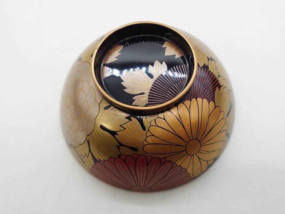 輪島塗　蒔絵　吸物椀　金彩の艶やかなデザインが見事なお椀5客セット(菊、牡丹、花、木製、漆器、漆芸、金彩、和食器、蓋付き)(R-079643)