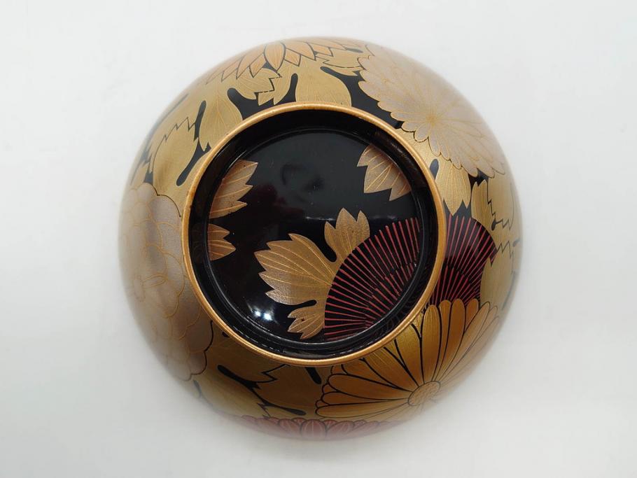 輪島塗　蒔絵　吸物椀　金彩の艶やかなデザインが見事なお椀5客セット(菊、牡丹、花、木製、漆器、漆芸、金彩、和食器、蓋付き)(R-079643)