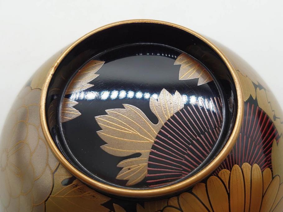 輪島塗　蒔絵　吸物椀　金彩の艶やかなデザインが見事なお椀5客セット(菊、牡丹、花、木製、漆器、漆芸、金彩、和食器、蓋付き)(R-079643)