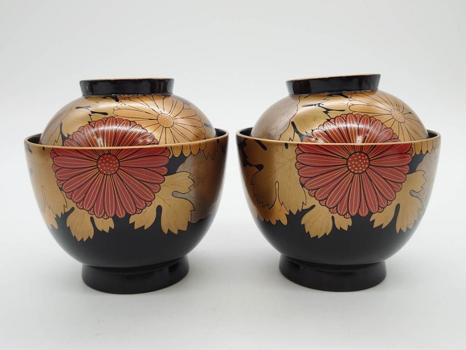 輪島塗　蒔絵　吸物椀　金彩の艶やかなデザインが見事なお椀5客セット(菊、牡丹、花、木製、漆器、漆芸、金彩、和食器、蓋付き)(R-079643)
