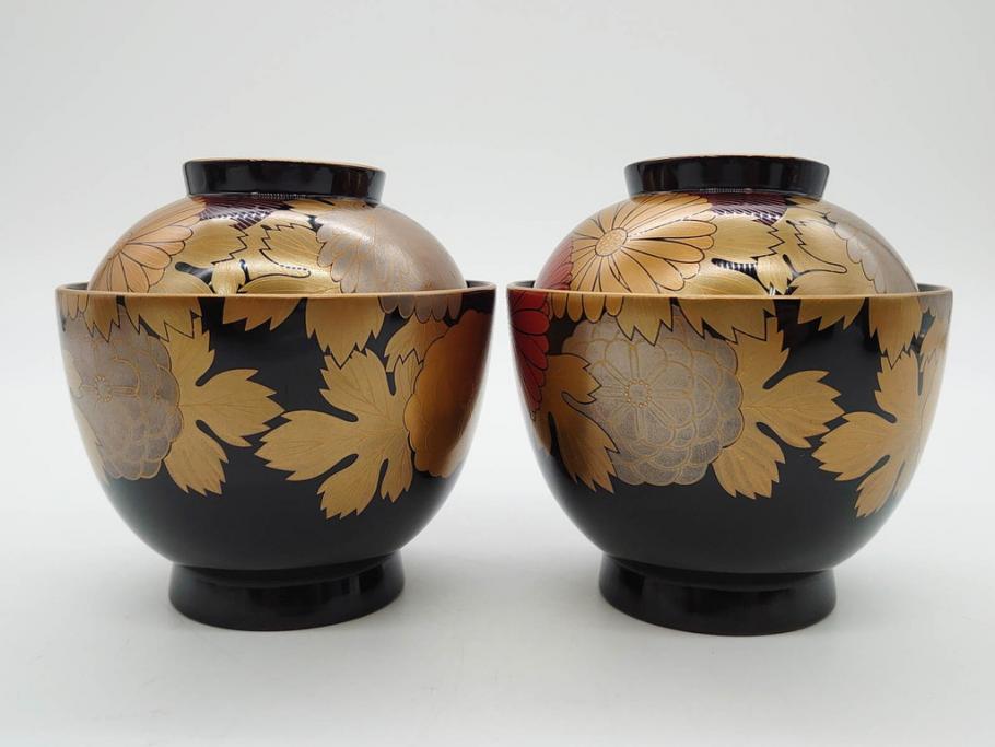 輪島塗　蒔絵　吸物椀　金彩の艶やかなデザインが見事なお椀5客セット(菊、牡丹、花、木製、漆器、漆芸、金彩、和食器、蓋付き)(R-079643)