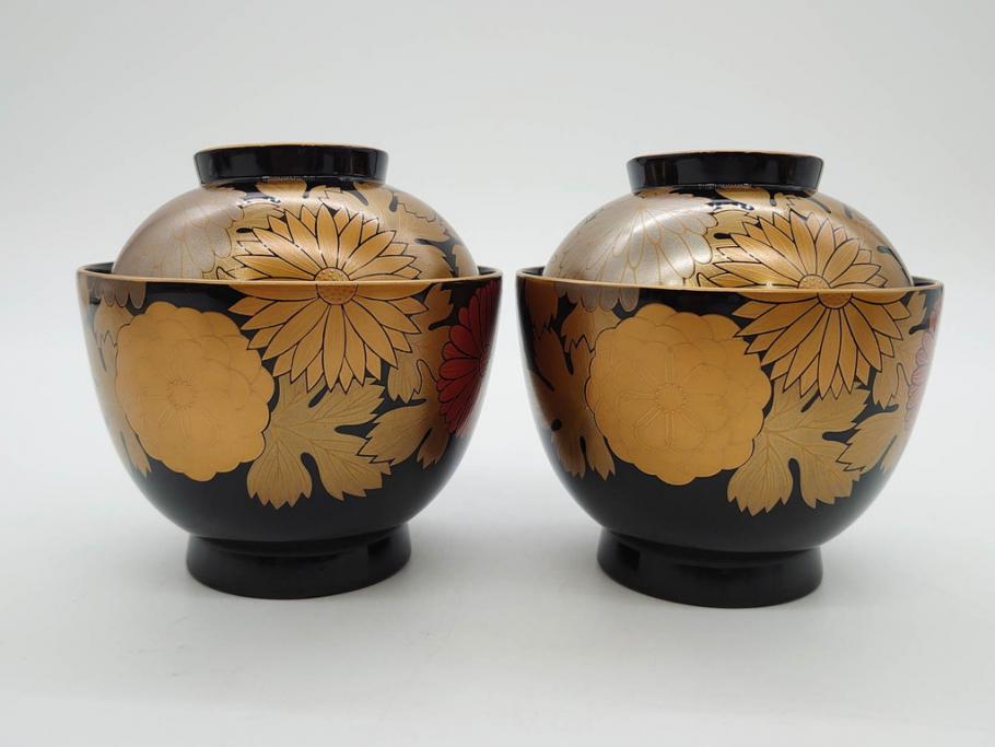 輪島塗　蒔絵　吸物椀　金彩の艶やかなデザインが見事なお椀5客セット(菊、牡丹、花、木製、漆器、漆芸、金彩、和食器、蓋付き)(R-079643)