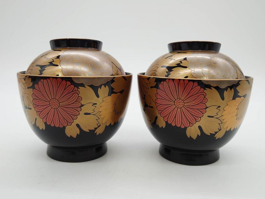 輪島塗　蒔絵　吸物椀　金彩の艶やかなデザインが見事なお椀5客セット(菊、牡丹、花、木製、漆器、漆芸、金彩、和食器、蓋付き)(R-079643)