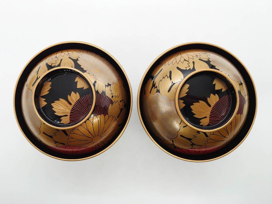 輪島塗　蒔絵　吸物椀　金彩の艶やかなデザインが見事なお椀5客セット(菊、牡丹、花、木製、漆器、漆芸、金彩、和食器、蓋付き)(R-079643)