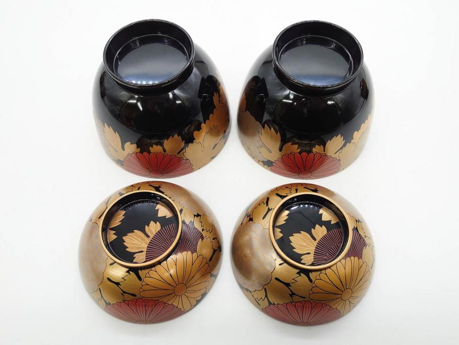 輪島塗　蒔絵　吸物椀　金彩の艶やかなデザインが見事なお椀5客セット(菊、牡丹、花、木製、漆器、漆芸、金彩、和食器、蓋付き)(R-079643)