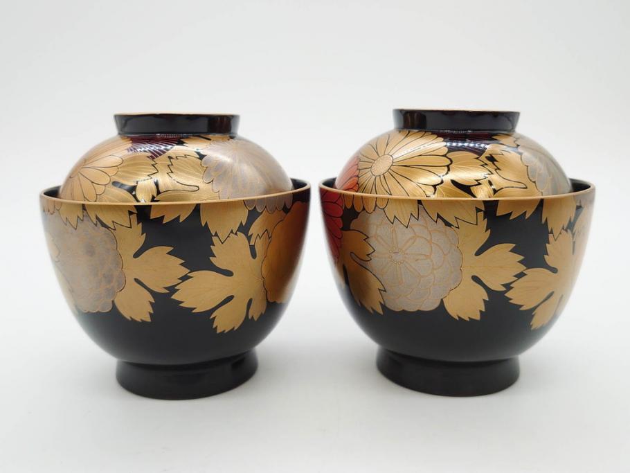 輪島塗　蒔絵　吸物椀　金彩の艶やかなデザインが見事なお椀5客セット(菊、牡丹、花、木製、漆器、漆芸、金彩、和食器、蓋付き)(R-079643)