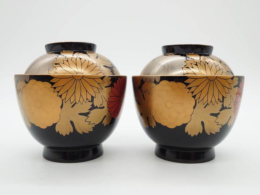輪島塗　蒔絵　吸物椀　金彩の艶やかなデザインが見事なお椀5客セット(菊、牡丹、花、木製、漆器、漆芸、金彩、和食器、蓋付き)(R-079643)