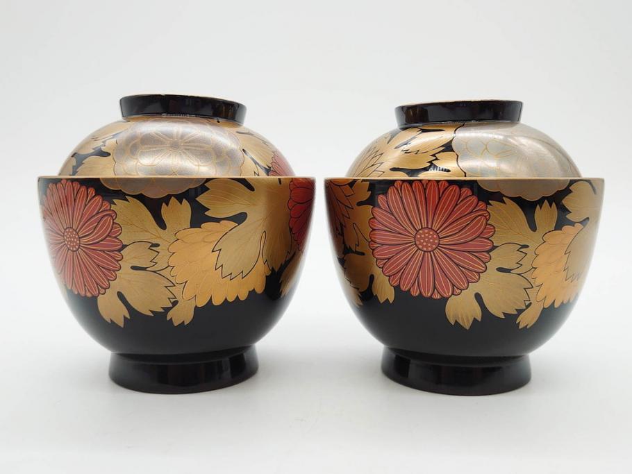 輪島塗　蒔絵　吸物椀　金彩の艶やかなデザインが見事なお椀5客セット(菊、牡丹、花、木製、漆器、漆芸、金彩、和食器、蓋付き)(R-079643)