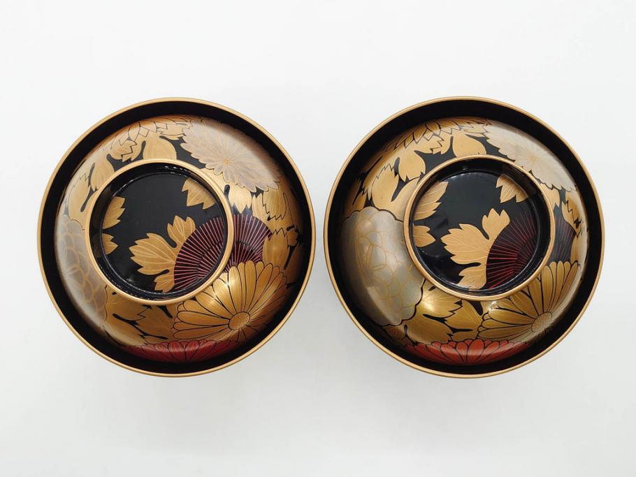 輪島塗　蒔絵　吸物椀　金彩の艶やかなデザインが見事なお椀5客セット(菊、牡丹、花、木製、漆器、漆芸、金彩、和食器、蓋付き)(R-079643)