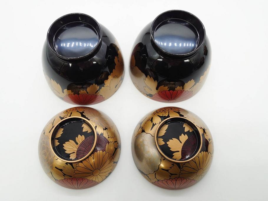 輪島塗　蒔絵　吸物椀　金彩の艶やかなデザインが見事なお椀5客セット(菊、牡丹、花、木製、漆器、漆芸、金彩、和食器、蓋付き)(R-079643)