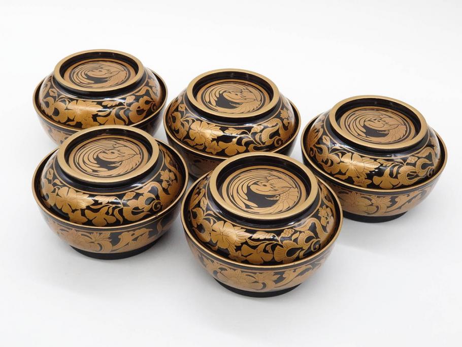 明治～大正期　輪島塗　金蒔絵　鳳凰　高い品格を感じるお椀5客セット(鳥、牡丹、花、吸物椀、木製、漆器、漆芸、金彩、和食器、蓋付き)(R-079644)