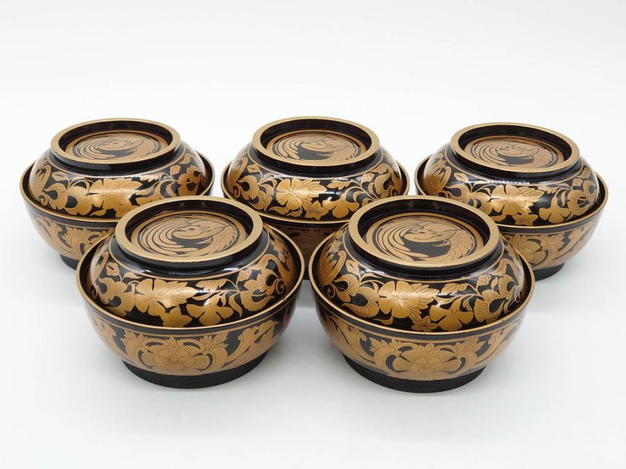明治～大正期　輪島塗　金蒔絵　鳳凰　高い品格を感じるお椀5客セット(鳥、牡丹、花、吸物椀、木製、漆器、漆芸、金彩、和食器、蓋付き)(R-079644)