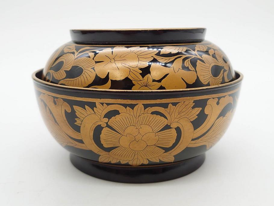 明治～大正期　輪島塗　金蒔絵　鳳凰　高い品格を感じるお椀5客セット(鳥、牡丹、花、吸物椀、木製、漆器、漆芸、金彩、和食器、蓋付き)(R-079644)