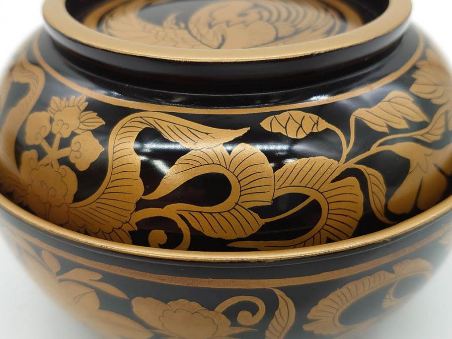 明治～大正期　輪島塗　金蒔絵　鳳凰　高い品格を感じるお椀5客セット(鳥、牡丹、花、吸物椀、木製、漆器、漆芸、金彩、和食器、蓋付き)(R-079644)