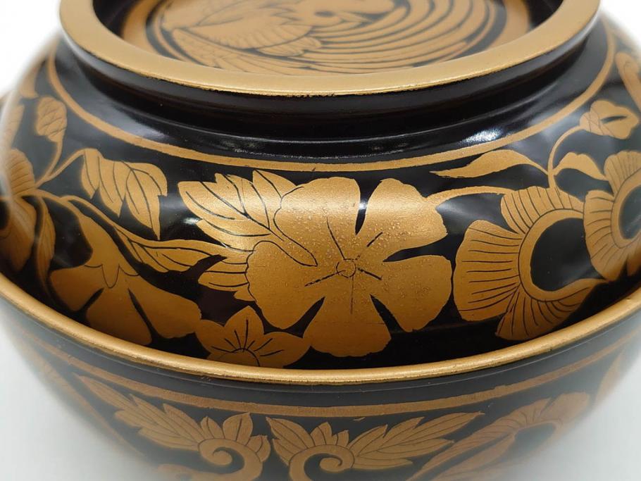 明治～大正期　輪島塗　金蒔絵　鳳凰　高い品格を感じるお椀5客セット(鳥、牡丹、花、吸物椀、木製、漆器、漆芸、金彩、和食器、蓋付き)(R-079644)
