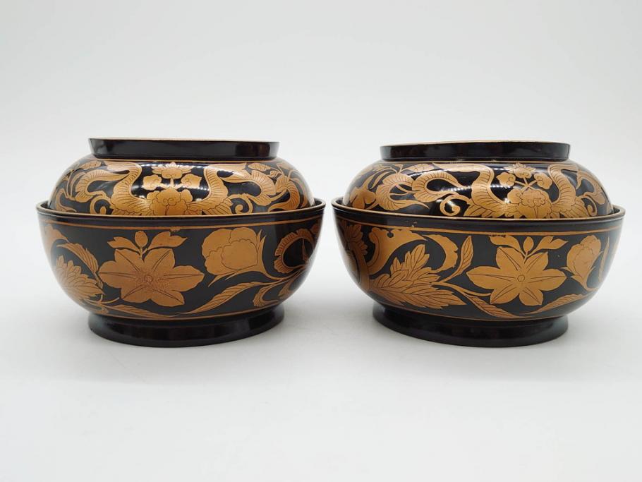 明治～大正期　輪島塗　金蒔絵　鳳凰　高い品格を感じるお椀5客セット(鳥、牡丹、花、吸物椀、木製、漆器、漆芸、金彩、和食器、蓋付き)(R-079644)