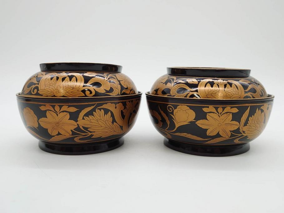 明治～大正期　輪島塗　金蒔絵　鳳凰　高い品格を感じるお椀5客セット(鳥、牡丹、花、吸物椀、木製、漆器、漆芸、金彩、和食器、蓋付き)(R-079644)