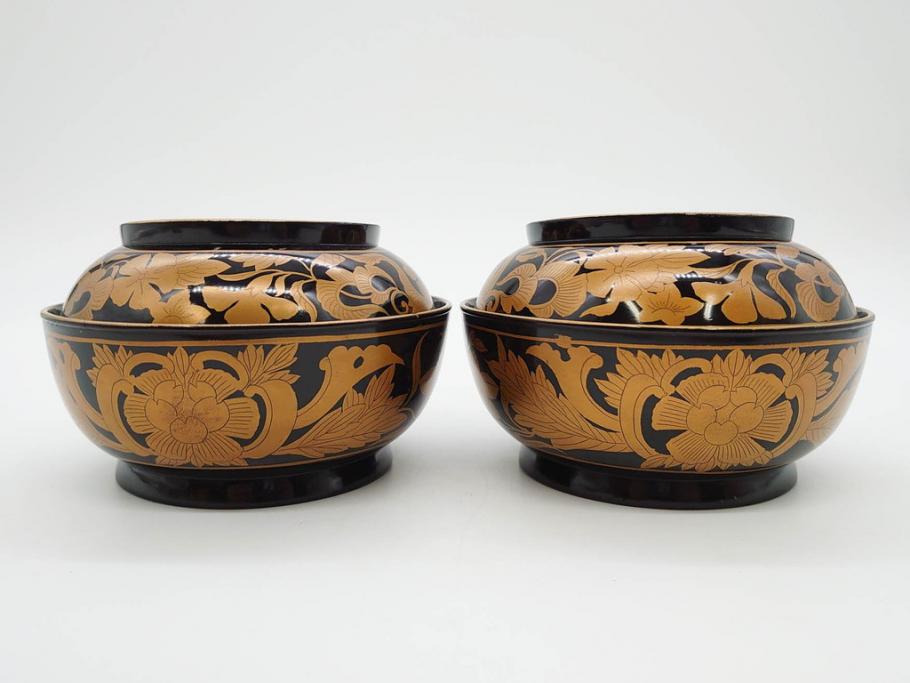 明治～大正期　輪島塗　金蒔絵　鳳凰　高い品格を感じるお椀5客セット(鳥、牡丹、花、吸物椀、木製、漆器、漆芸、金彩、和食器、蓋付き)(R-079644)