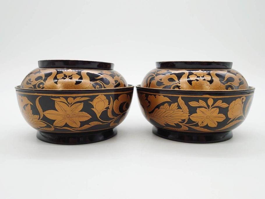 明治～大正期　輪島塗　金蒔絵　鳳凰　高い品格を感じるお椀5客セット(鳥、牡丹、花、吸物椀、木製、漆器、漆芸、金彩、和食器、蓋付き)(R-079644)