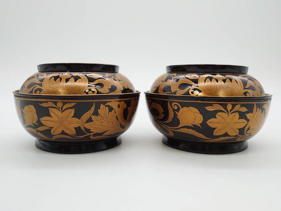 明治～大正期　輪島塗　金蒔絵　鳳凰　高い品格を感じるお椀5客セット(鳥、牡丹、花、吸物椀、木製、漆器、漆芸、金彩、和食器、蓋付き)(R-079644)