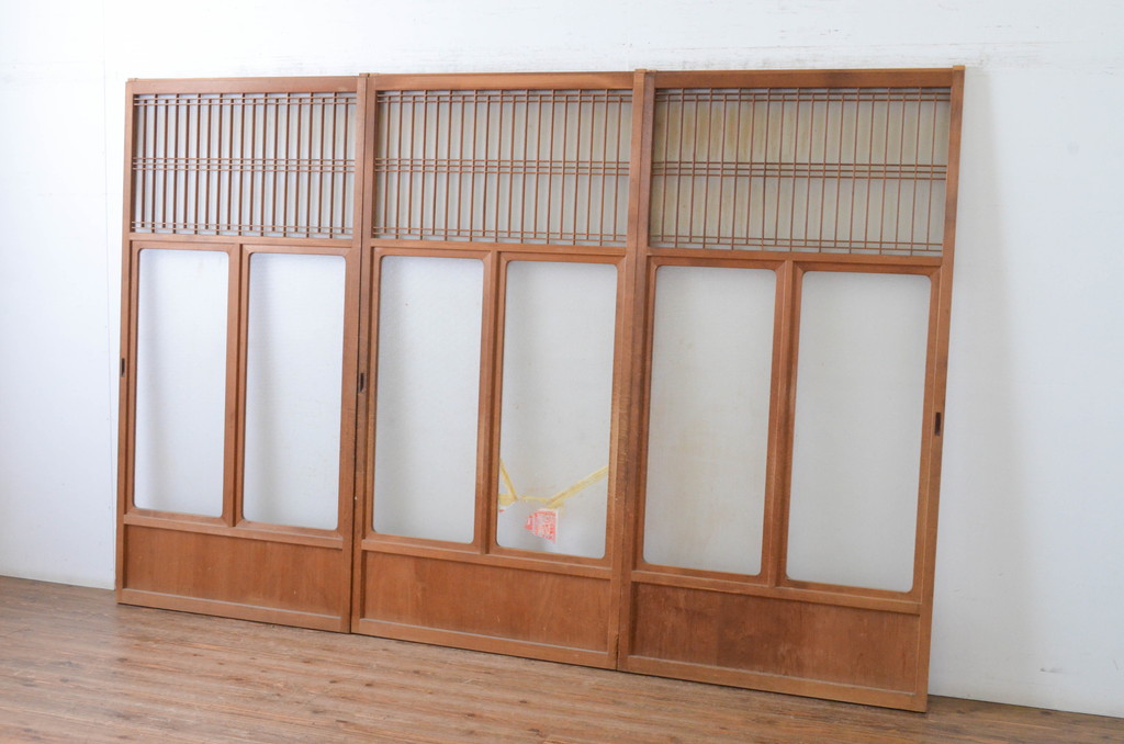 アンティーク建具　お洒落な組子格子が目を引くガラス戸3枚セット(引き戸、建具)(R-065069)