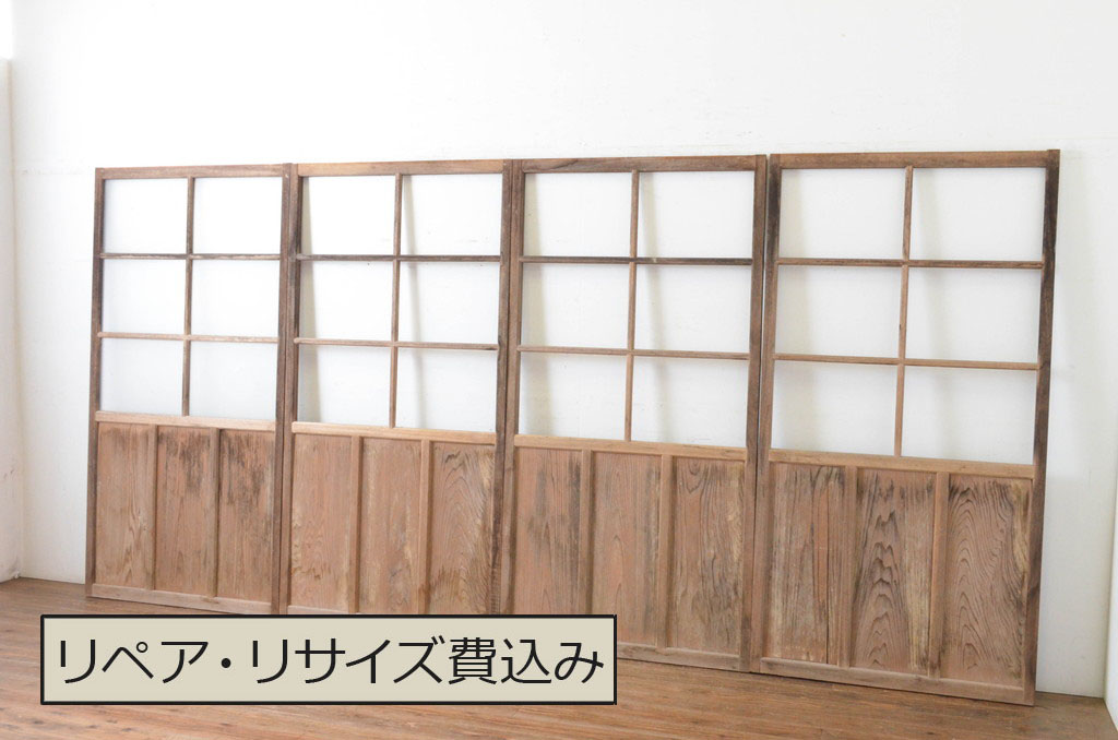 アンティーク建具　経年の趣ある木味が魅力のガラス戸4枚セット(引き戸)(R-065504)