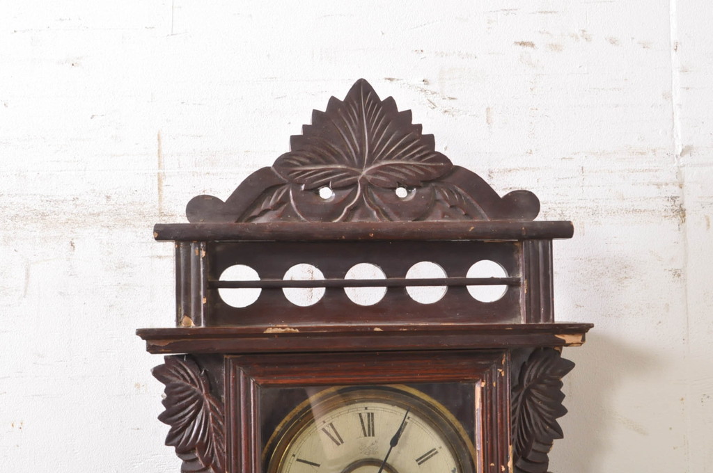 和製アンティーク　森時計合資会社　MORIGOSHIKAISHA　大正ロマン　振り子デザインと彫刻の意匠が目を引く掛け時計(柱時計、古時計、振り子時計)(R-072089)