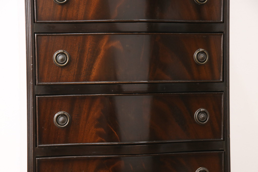 中古　イギリス高級家具　マホガニー材　ロスジョン(ROSJOHN)　イギリス王室御用達　洗練されたデザインが美しい縦型チェスト(引き出し、サイドチェスト、スリムチェスト)(R-054816)