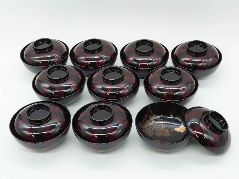 明治期　輪島塗　木製　漆器　金蒔絵　気品漂うお椀10客セット(蓮、菊、蝶、ちょう、花、蓋付き、汁椀、吸物椀、漆芸、和食器)(R-079649)