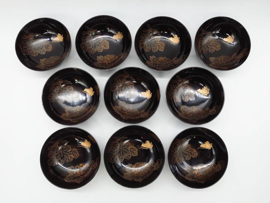 明治期　輪島塗　木製　漆器　金蒔絵　気品漂うお椀10客セット(蓮、菊、蝶、ちょう、花、蓋付き、汁椀、吸物椀、漆芸、和食器)(R-079649)
