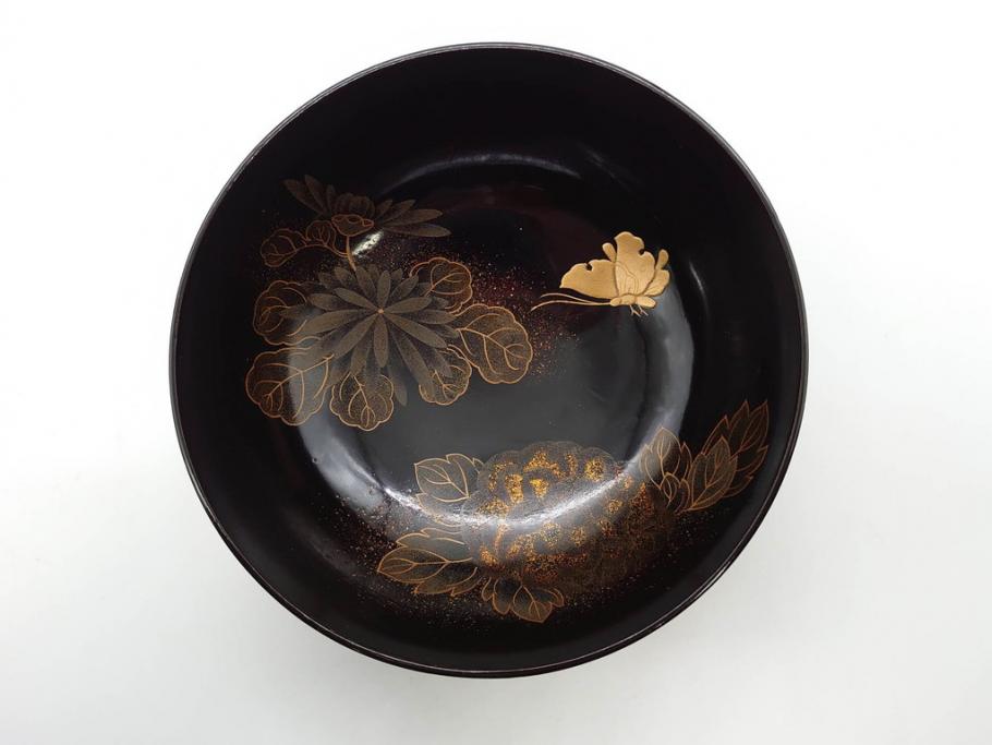 明治期　輪島塗　木製　漆器　金蒔絵　気品漂うお椀10客セット(蓮、菊、蝶、ちょう、花、蓋付き、汁椀、吸物椀、漆芸、和食器)(R-079649)