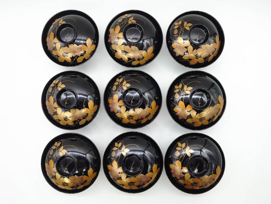 昭和期　輪島塗　漆器　木製　金蒔絵　豪華な金彩が美しいお椀9客セット(鉄線花?、漆芸、蓋付き、汁椀、吸物椀、和食器)(R-079650)　