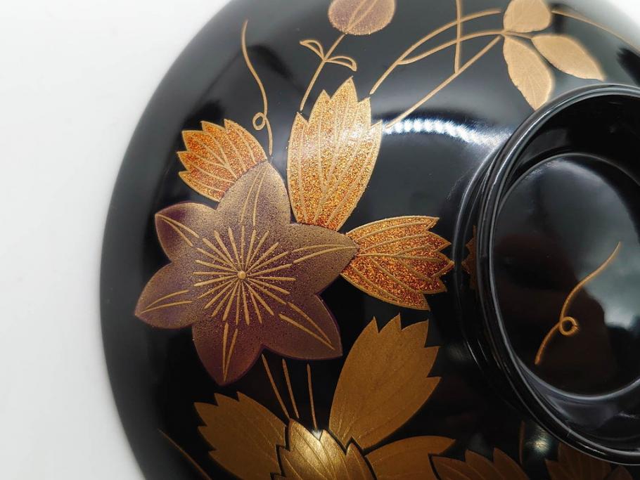 昭和期　輪島塗　漆器　木製　金蒔絵　豪華な金彩が美しいお椀9客セット(鉄線花?、漆芸、蓋付き、汁椀、吸物椀、和食器)(R-079650)　