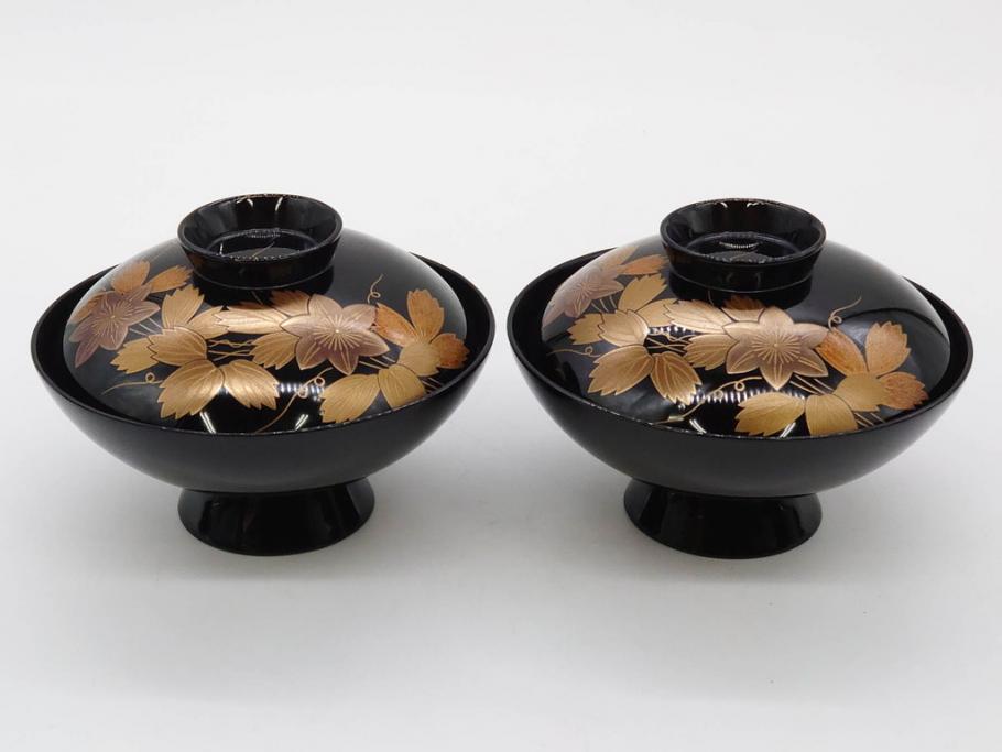 昭和期　輪島塗　漆器　木製　金蒔絵　豪華な金彩が美しいお椀9客セット(鉄線花?、漆芸、蓋付き、汁椀、吸物椀、和食器)(R-079650)　