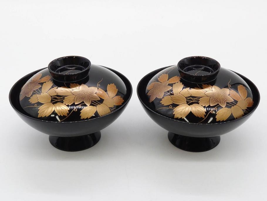 昭和期　輪島塗　漆器　木製　金蒔絵　豪華な金彩が美しいお椀9客セット(鉄線花?、漆芸、蓋付き、汁椀、吸物椀、和食器)(R-079650)　