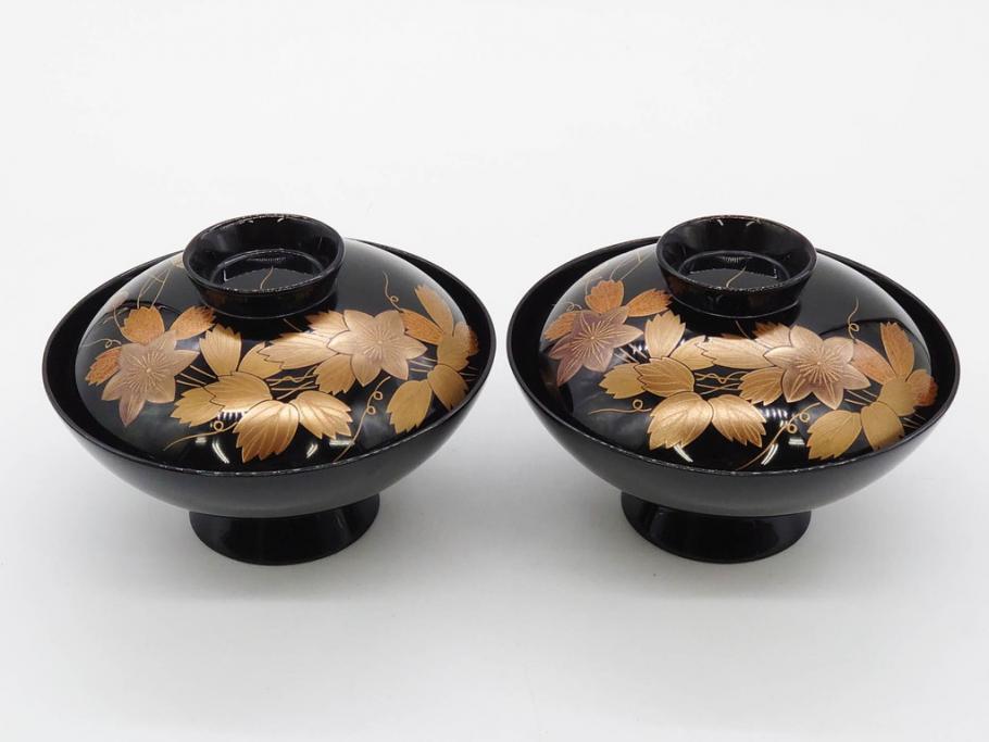 昭和期　輪島塗　漆器　木製　金蒔絵　豪華な金彩が美しいお椀9客セット(鉄線花?、漆芸、蓋付き、汁椀、吸物椀、和食器)(R-079650)　
