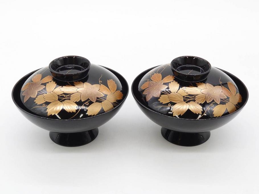 昭和期　輪島塗　漆器　木製　金蒔絵　豪華な金彩が美しいお椀9客セット(鉄線花?、漆芸、蓋付き、汁椀、吸物椀、和食器)(R-079650)　