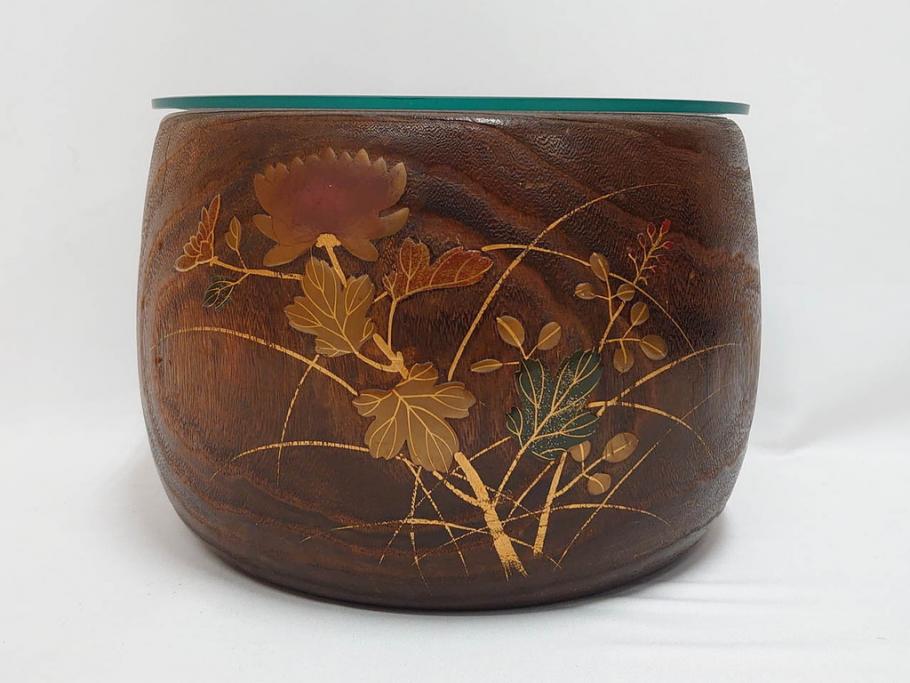 大正～昭和初期　蒔絵　刳り貫き　菊　雅なデザインが魅力の火鉢(花、丸火鉢、手あぶり、木製、ガラス天板付き)(R-079678)