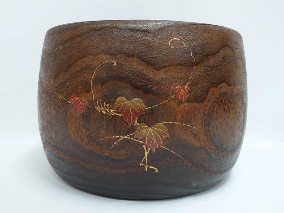 大正～昭和初期　蒔絵　刳り貫き　菊　雅なデザインが魅力の火鉢(花、丸火鉢、手あぶり、木製、ガラス天板付き)(R-079678)